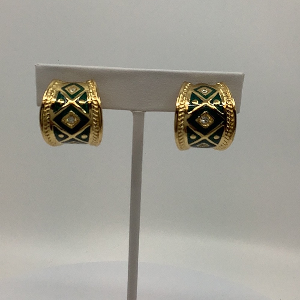Vintage Burberry’s Signed Gold Tone and Green Enamel clip on earrings.